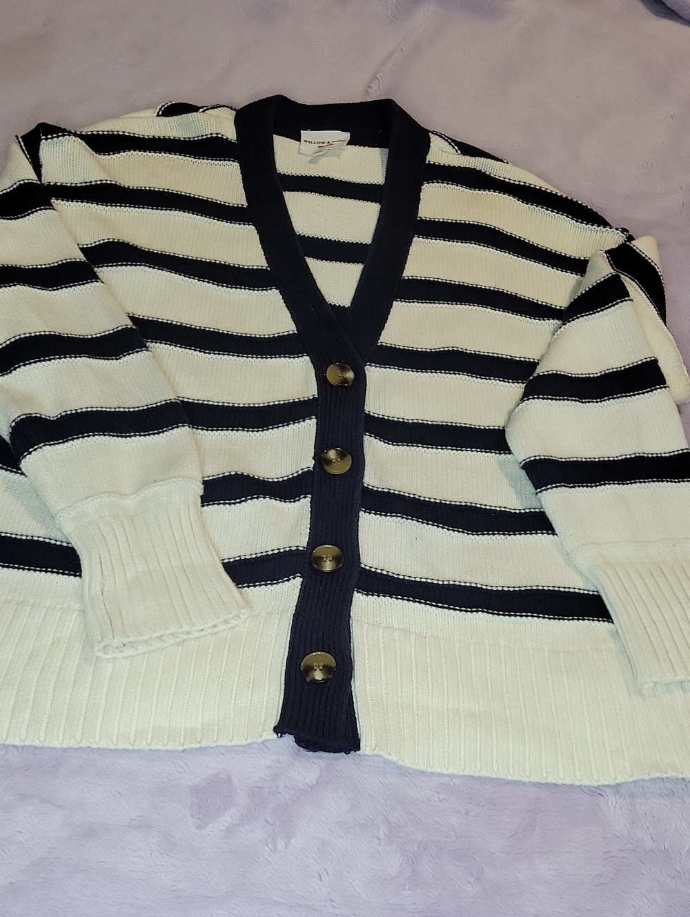 Striped V-Neck Button Cardigan Sweater - Navy & Cream